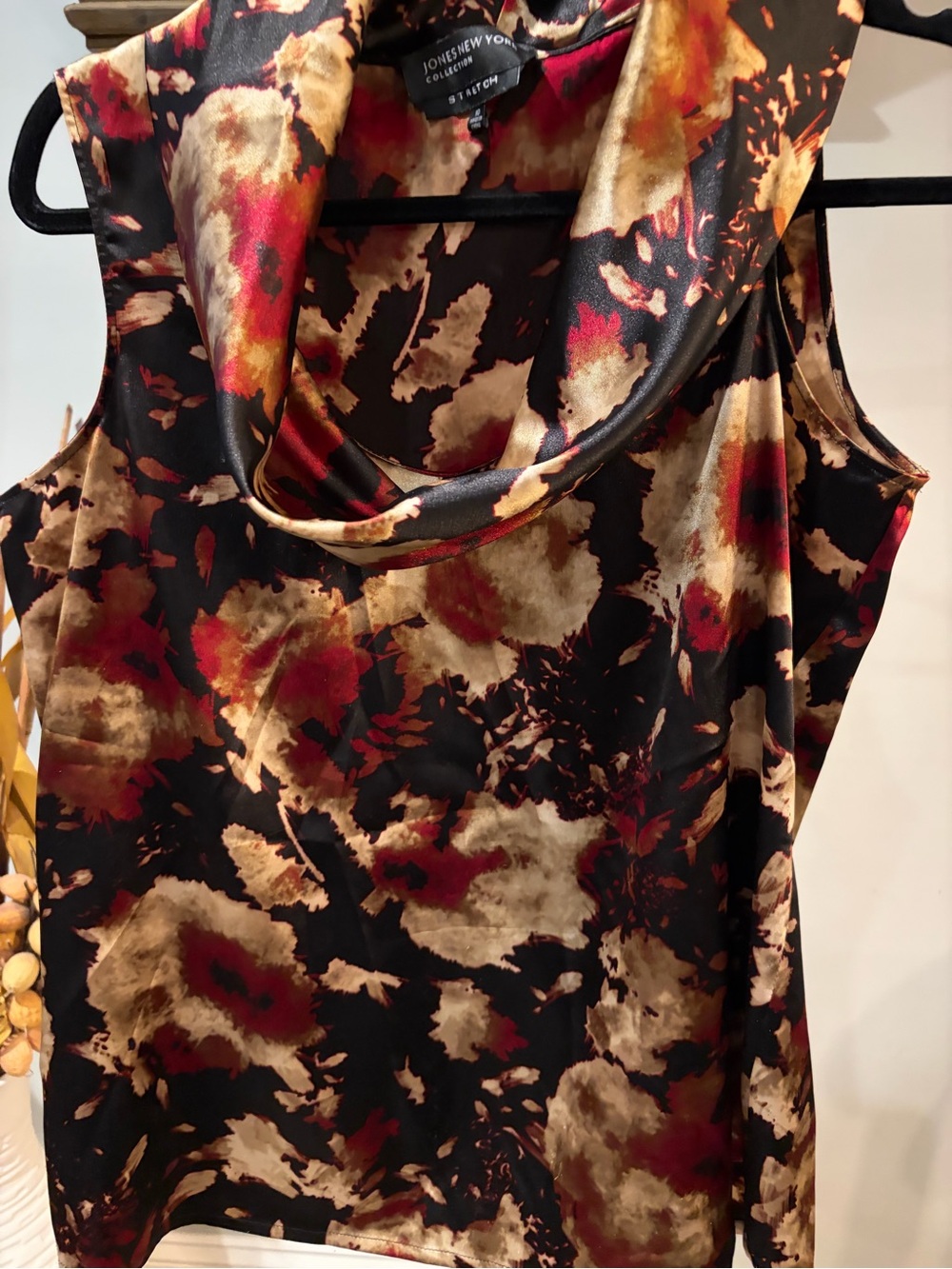 Jones New York Black Satin Top with Gold & Burgundy Abstract Print size 10 / med - Picture 3 of 7